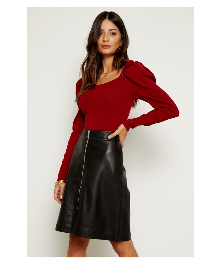 REASONS TO BUY:\n\nA-line and leather: always on trend\nSits high on the waist – comfy and flattering\nZip front adds edge\nSeriously versatile – wear it 24/7\nAdd a camel knit and leopard heels for outfit perfection\nDress it up for date night with a silky top and heels