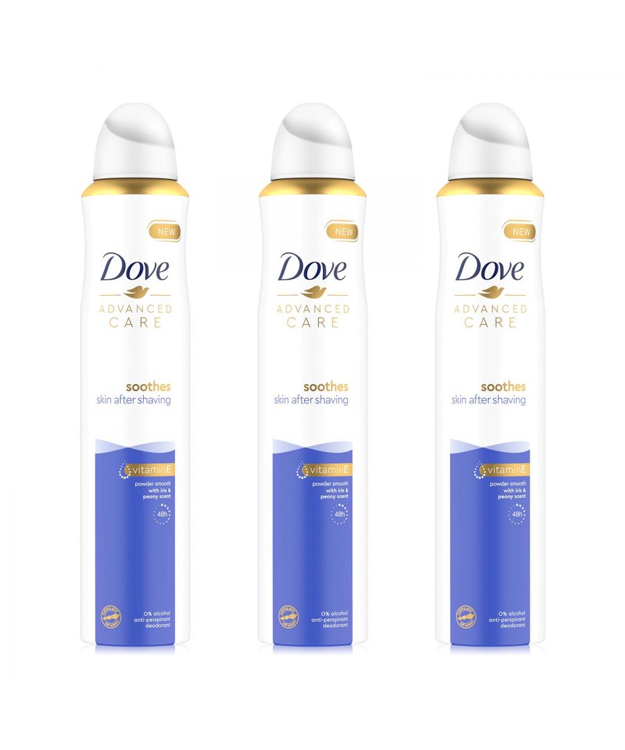 Dove Advanced Care is specifically designed to give you 48h protection and our best care. Enriched with vitamin E, known for its moisturizing and calming properties, the formula helps give you soft and soothed underarms in just 2 weeks. Add it to your beauty routine to enjoy protection against underarm wetness and odor for up to 48 hours. Dove Advanced Care Powder Smooth Antiperspirant accelerates underarm skin's natural ability to recover from shaving, to help restore skin to its best condition.\n\nKey Features:\nDove Advanced Care Powder Smooth Antiperspirant is specifically designed to give you 48h protection and our best care.\nContains a blend of caring ingredients, including Vitamin E to help soothe & hydrate underarm skin, even after shaving.\nWith a floral and powdery scent of iris and peony to keep you fresh all day.\nEnriched with skincare ingredients to accelerate underarm skin's natural ability to recover from irritation to return to its best condition in just 2 weeks.\nAn effective antiperspirant that leaves your underarms feeling fresh, smooth, and even more beautiful\nDove Advanced Care range is our best ever care for underarms\n\nIngredients: ‎Ingredients: Butane, Isobutane, Propane, Cyclopentasiloxane, PPG-14 Butyl Ether, Aluminum Chlorohydrate, Parfum, Helianthus Annuus Seed Oil, Disteardimonium Hectorite, C12-15 Alkyl Benzoate, Octyldodecanol, BHT, Propylene Carbonate, Dimethiconol, Niacinamide, Alpha-Isomethyl Ionone, Benzyl Alcohol, Benzyl Salicylate, Citronellol, Geraniol, Hexyl Cinnamal, Limonene, Linalool\n\nHow to Use: Shake well, hold the can 15cm from the underarm, and spray\n\nSafety Warning: Do not use it on broken skin. Stop use if rash or irritation occurs. Avoid direct inhalation. Use in short bursts in well-ventilated places, and avoid prolonged spraying. Do not spray near the eyes. Use only as directed. DANGER: Extremely Flammable Aerosol.\n\nBox Contains: 3x Dove Powder Anti-Perspirant, 200ml
