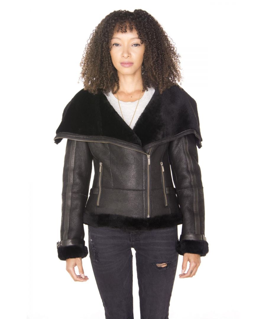 Infinity Leather Womens Merino Sheepskin Aviator Jacket-Asmara - Black - Size 24 UK
