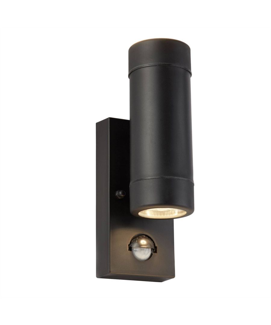 Bring functional style to your outdoor areas with this cylinder wall bracket. A rectangular base attaches to the wall and is topped with the cylinder design, which projects two sources of light, both upwards and downwards. The dual washes of highlight create a stunning effect, ideal against garden walls and fences. This item has a rating of IP44, meaning that it is fully splash proof and suitable for use in a bathroom setting. A PIR sensor has been added as an additional security feature. Upon sensing motion, the PIR sensor will cause the light to illuminate. Class two. | Finish: Black | Material: Polypropylene | IP Rating: IP44 | Height (cm): 21 | Width (cm): 7 | Projection (cm): 9.5 | No. of Lights: 2 | Lamp Type: GU10 LED | Wattage (max): 3