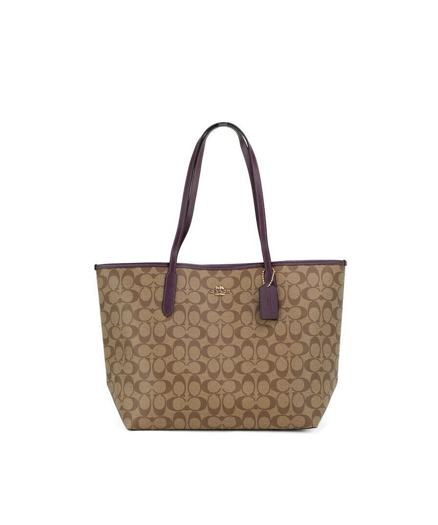 Style: Coach City Tote (Khaki/Boysenberry)\nMaterial: Signature Coated Canvas with Smooth Leather Detail\nFeatures: Inner Zip Pocket, Lightweight, Gold Coach Logo Plate Accents, Magnetic Snap Closure\nMeasures: 33.02 cm L x 29.21 cm H x 15.87 cm W