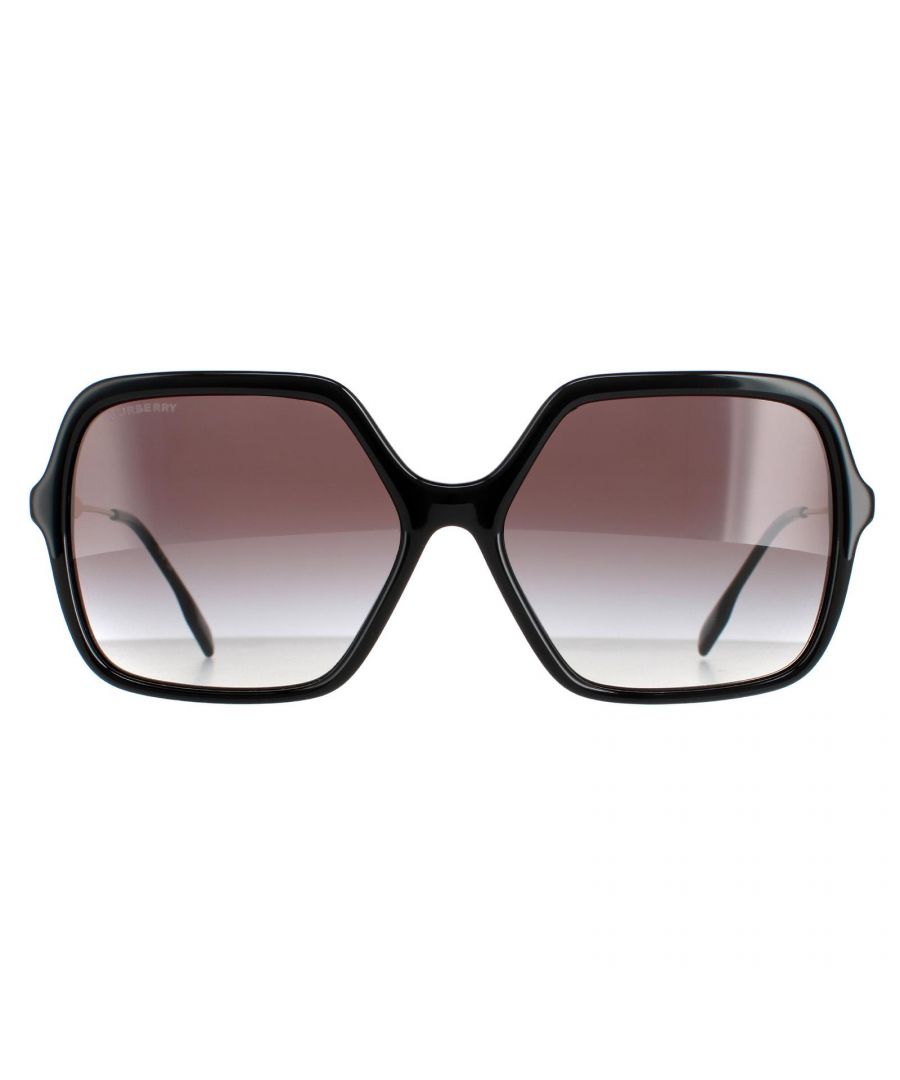 Burberry Square Womens Black Grey Gradient BE4324 Sunglasses are a oversized square design crafted from lightweight acetate. The rubber nose pads and plastic temple tips allow for all day comfort. Burberry's iconic striped design features on the temples for brand authenticity