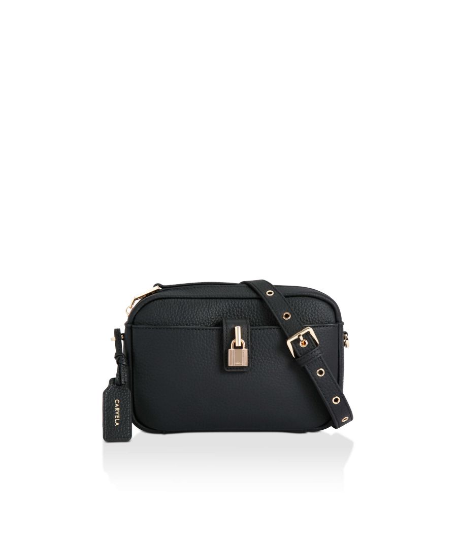 The Henley Cross Body is crafted from a supple leather in black. There is a front flap which features the iconic Carvela padlock. 13cm (H), 21cm (L), 5.5cm (D). Strap length: 141cm. Fits phones up to 7inches. Zipped interior pocket with Carvela C zipper.