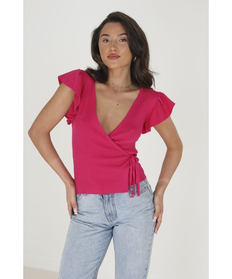 Brave Soul Womens Cerise 'Maura' Ribbed V Neck Wrap Top - Fuschia Viscose - Size Large