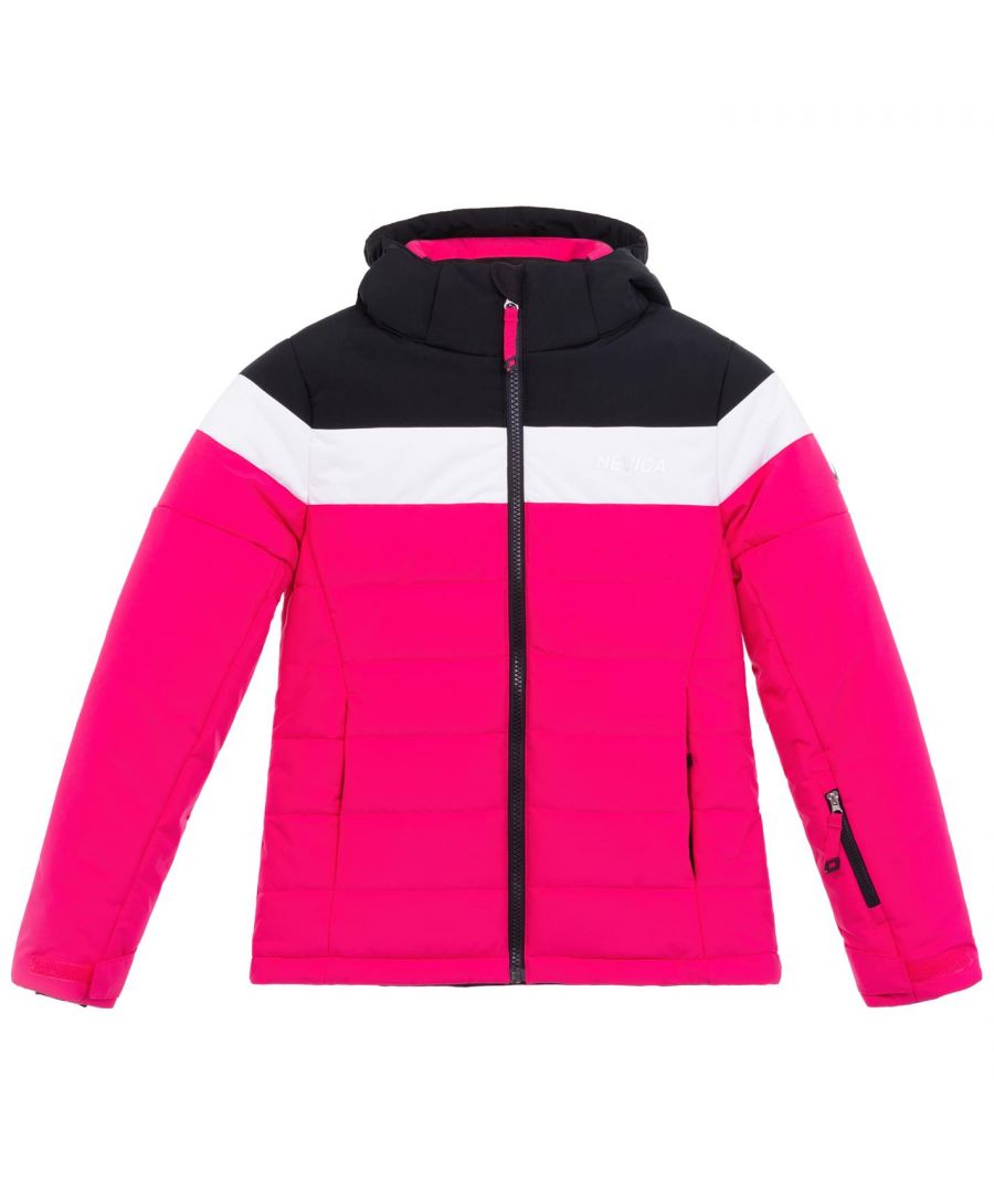 This Nevica Chamonix Jacket is crafted with full zip fastening and long sleeves for a secure fit. It features a hooded neckline plus two zipped hand pockets for a classic look and is a lightweight construction. This jacket is a colour block design with a signature logo and is complete with Nevica branding.
