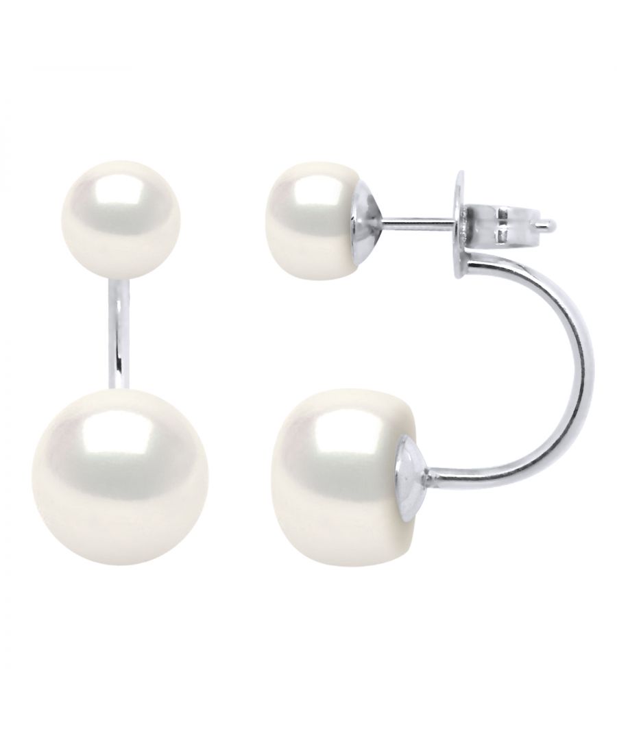 Earrings Duo true Cultured Freshwater Pearls Button 6 and 9 mm - Natural White Color and Push system 925 Sterling Silver Rhodium-plated - Our jewellery is made in France and will be delivered in a gift box accompanied by a Certificate of Authenticity and International Warranty