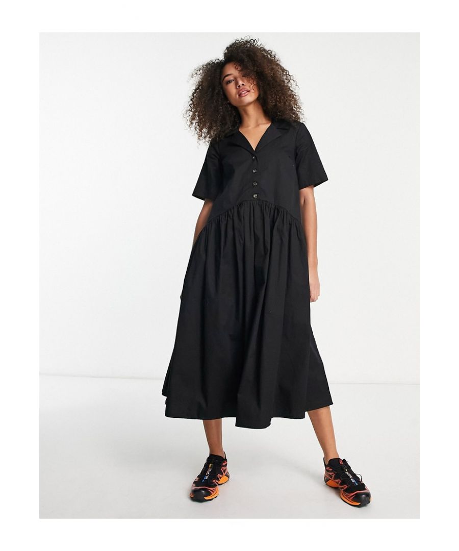 Asos Design Womens Twill Collared Button Midi Smock Dress In Black - Size 10 Uk