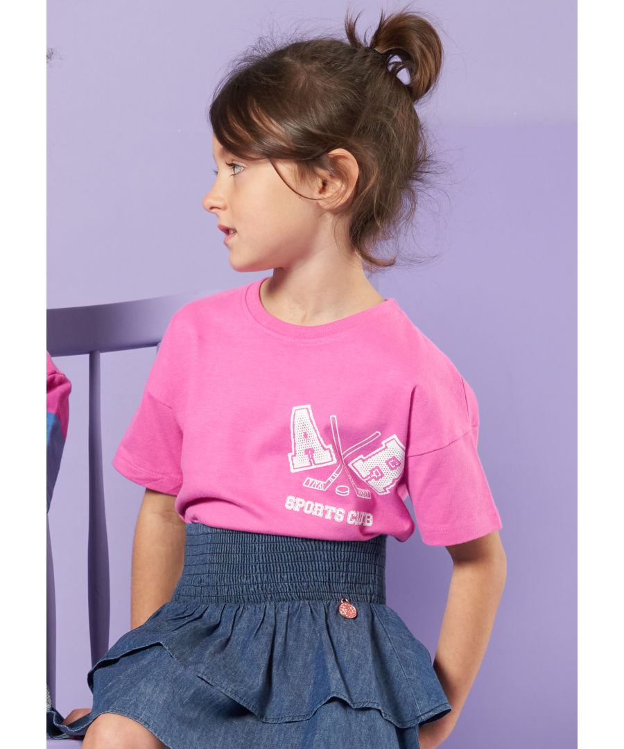 Join the A&R sports club! Lead the way in our new Girls Tee. Made from the softest cotton jersey in a washed fuchsia colourway with distressed logo. Printed on a super soft jersey  a looser fit with a turn tab sleeve. Wear with joggers  jeans or skirt  a great addition to your summer wardrobe.  Model wears 6y  she is 6 years old and 114cm tall.  Angel & Rocket cares - made with Fairtrade cotton  Colour: Pink  100% Cotton  Look after me – Think planet  wash at 30c