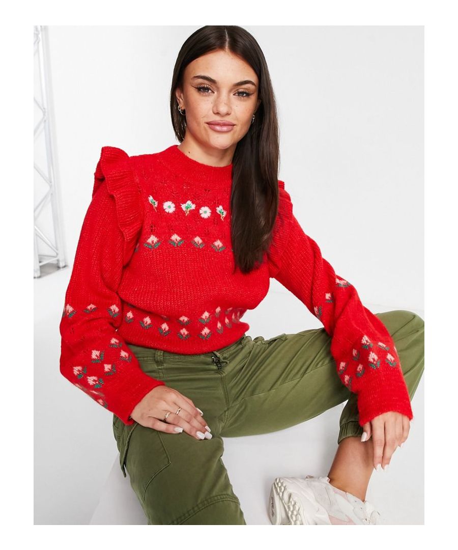 Jumpers & Cardigans by Miss Selfridge Cosy never looked so good Floral embroidery Crew neck Long sleeves Shoulder frills Regular fit Sold by Asos