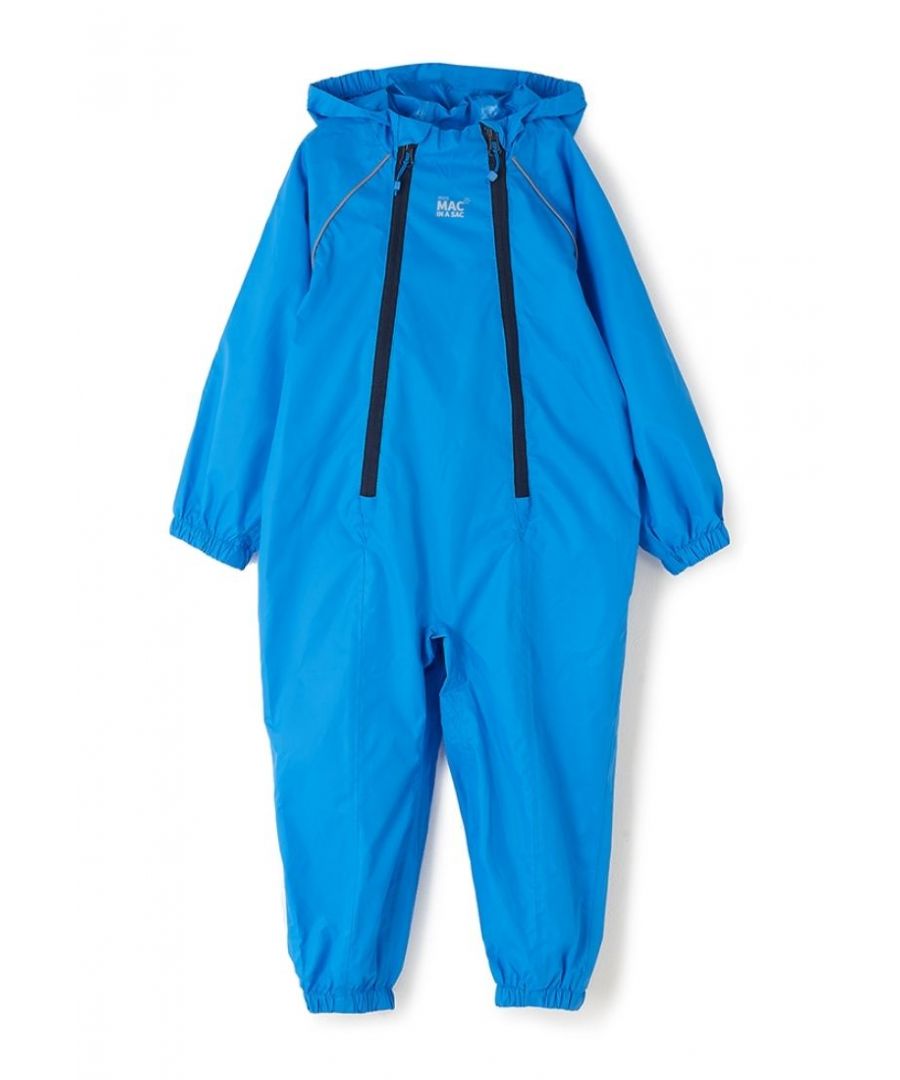 A play-park and campsite essential. Designed to ensure proper all-weather protection by keeping your little ones dry and cool. Lightweight, packable and easy to pop on and off. This puddlesuit makes every outdoor adventure even better, taking the hassle out of the clean-up. Keep jeans and top dry for the picnic later, with highly waterproof fabric, fully taped seams, elasticated cuffs and a pull over hood. One less thing to worry about.\n\nPackable\nHighly Waterproof (10,000 mm)\nHighly Breathable (8,000 gsm)\nWindproof\nWater Repellent Front Zips\nFully Taped Seams\nElasticated Cuffs\nReflective Detailing\nReflective Piping\nReinforced Seat\nPFC & PFOA Free\nUnisex Fit\nDesigned to be worn over layers\nRelaxed fit with elasticated cuff and hem for protection.