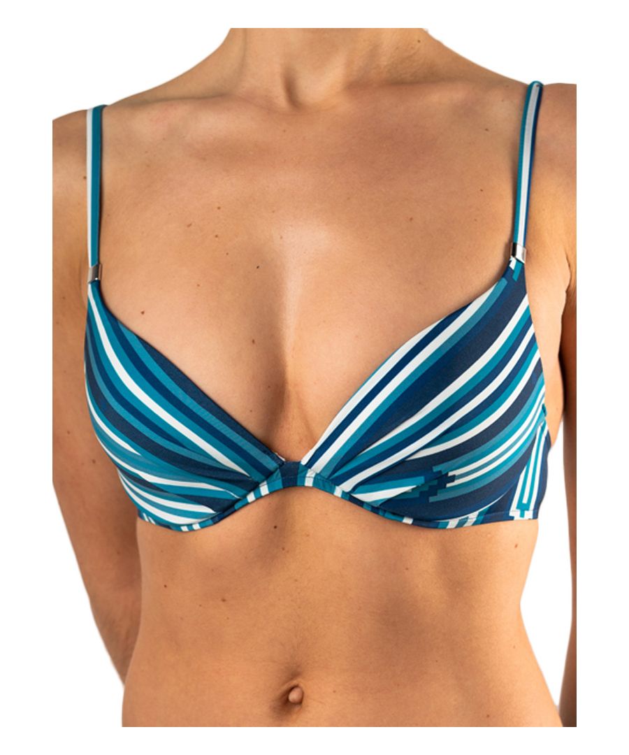 Make a statement in the Chantelle Artemis swimwear collection, featuring a stylish geometric print in a burst of aqua greens, navy blue and cream. This gorgeous bikini top features a deep plunge neckline to flatter your cleavage. The padded cups create a smooth, round look whilst the removable air pads push up your breasts to enhance your bust for a sexy look. The multiway straps allow the bra to be worn as cross back or normal for extra support. Complete with silver metalwork details on the straps and the clasp at the back.