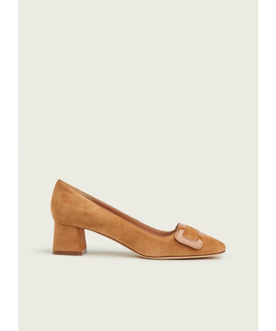 A new addition to our court shoe collection, our Fabiola courts have a low, comfortable heel, making them the perfect everyday style for work or the weekends. Crafted in Italy from versatile tan suede, they have a square toe, patent epaulette detail over the front and a low, block heel. Wear them with tailoring, dresses and jeans alike.
