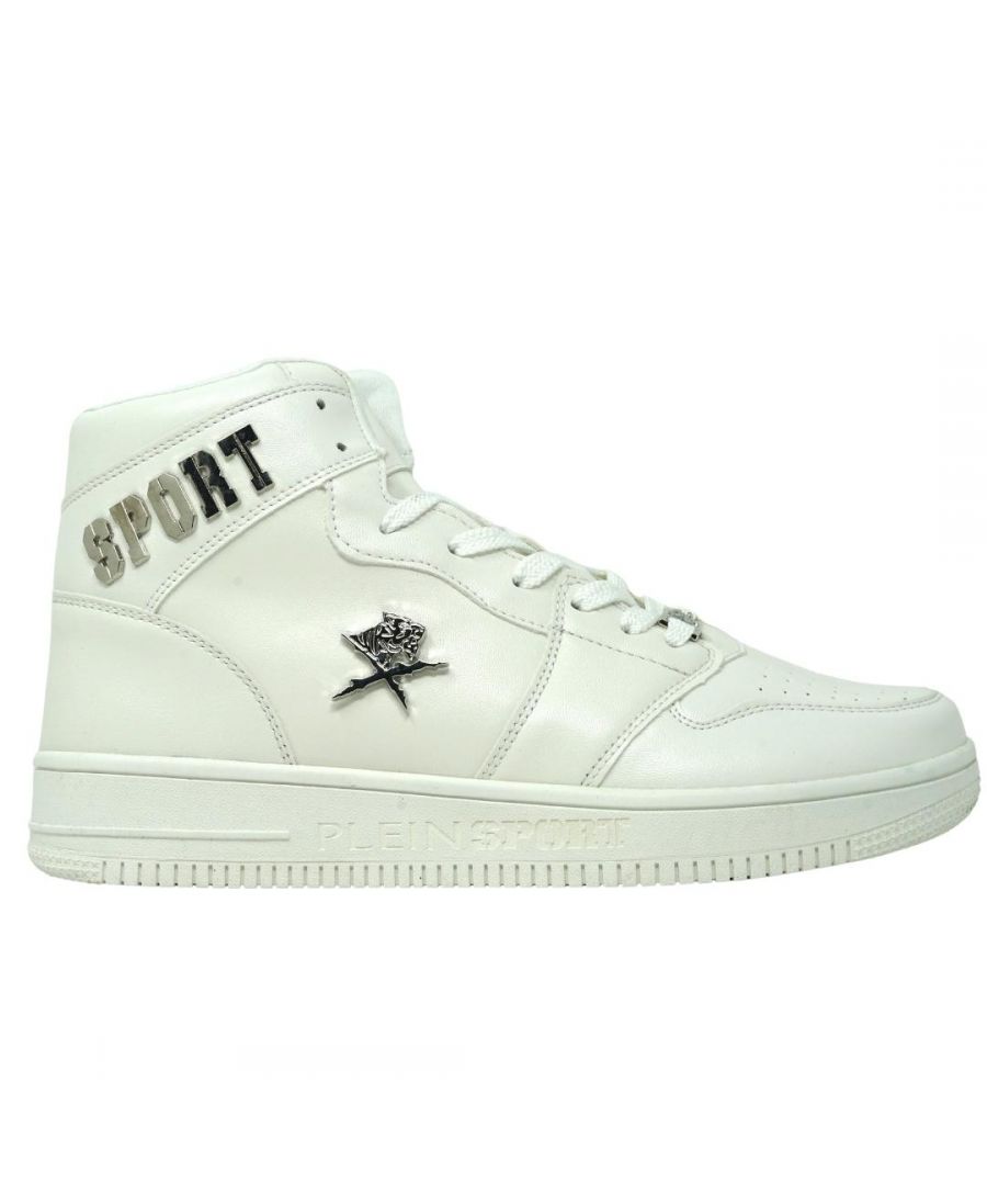 Philipp Plein Sport Logo White High Top Trainers. Hi-Top Style. Rubber Sole, 100% Textile Upper. Metal Branding. Style Code: SIPS724 01