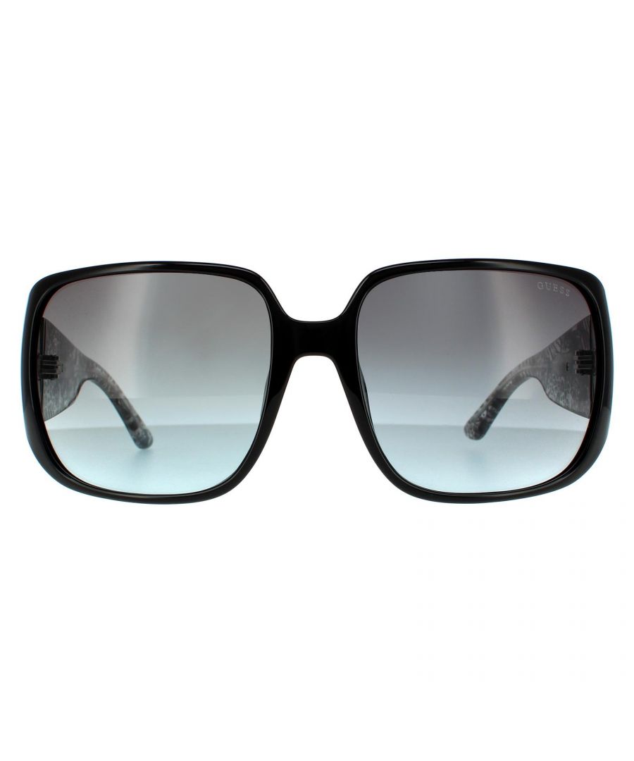 Guess Butterfly Womens Shiny Black Smoke Grey Gradient Sunglasses GU7682 are a lovely oversized style with uniquely patterned temples for a strong fashionable look.