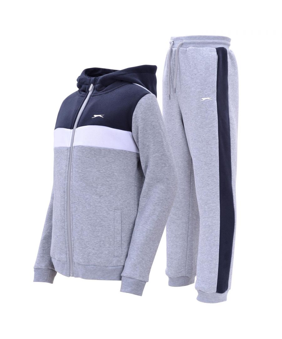 Slazenger Fleece Full Zip Track Suit Junior Boys - The Kids Slazenger Fleece Full Zip Track Suit is a great addition to their casual wardrobe, the jacket boasts a full zip closure, elastic trim to the wrist cuffs and hem and a lined hood, while the bottoms benefit from an elasticated trim to the waist and ankle cuffs that ensures a comfortable fit. A colour block and stripe pattern along with open pockets and the Lonsdale branding completes the look.