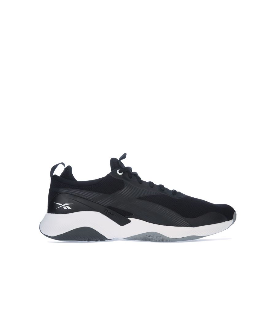 Mens Reebok HIIT Training 2 Trainers in black white.- Textile upper. - Lace closure.- Tongue pull for easy pull-on. - Lightweight Floatride Energy Foam cushions.- Bootie construction. - Rubber outsole with forefoot flex grooves. - Textile upper  Textile lining  Synthetic sole.- Ref.: G55545