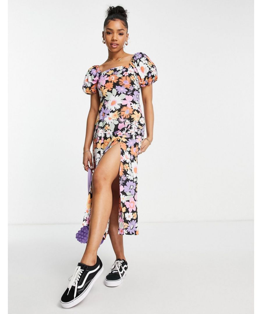 Midi dress by Miss Selfridge Next stop: checkout Floral print Square neck Puff sleeves Thigh split Regular fit Sold by Asos