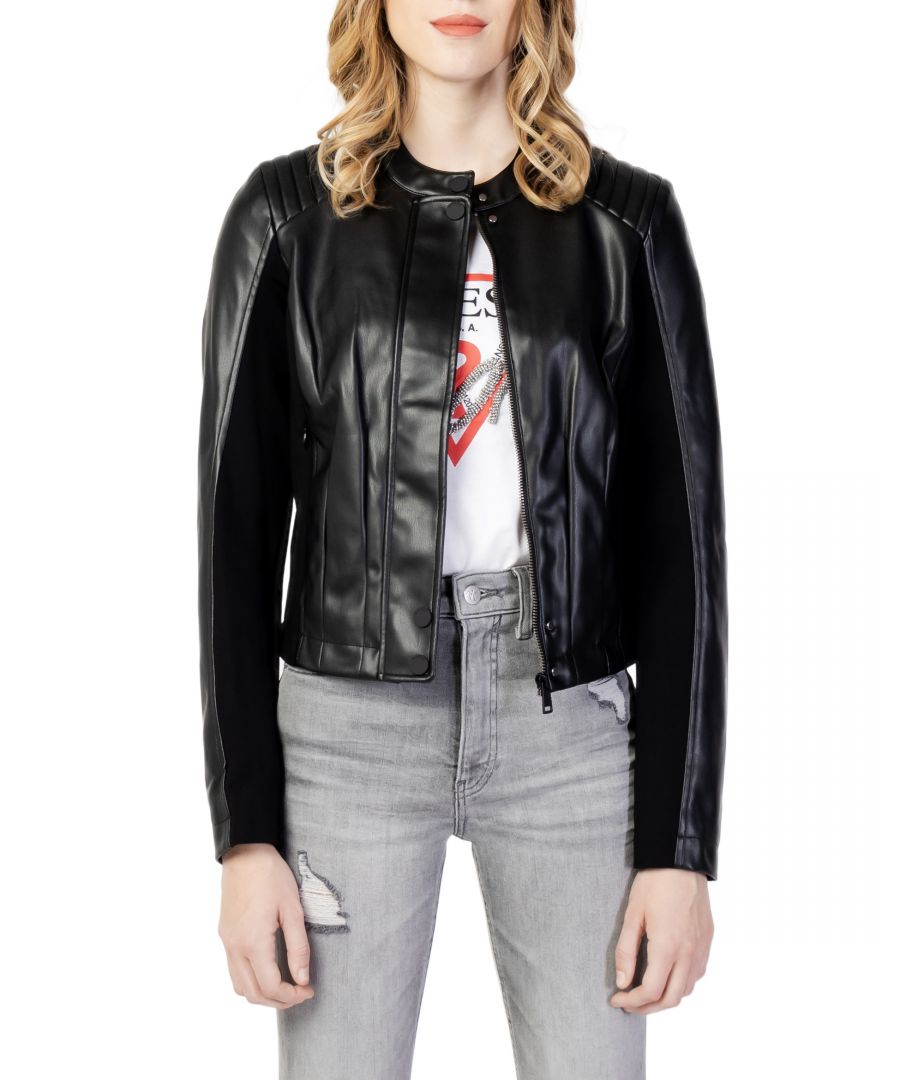 Brand: Guess\nGender: Women\nType: Blazer\nSeason: Fall/Winter\n\nPRODUCT DETAIL\n• Color: black\n• Pattern: plain\n• Fastening: with zip\n\nCOMPOSITION AND MATERIAL\n• Composition: -100%  polyurethane \n•  Washing: machine wash at 30°