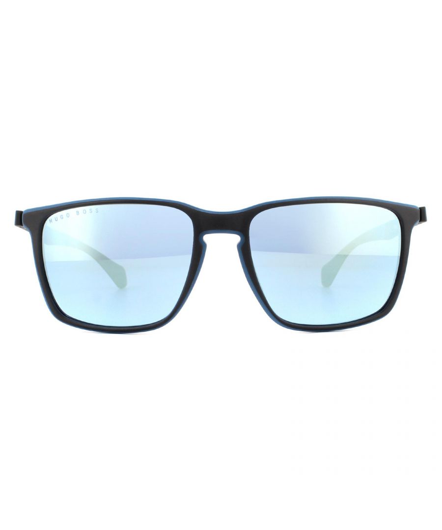 Hugo Boss Sunglasses BOSS 1114/S 0VK 3J Matte Black Blue Blue Mirrorare a classic and versatile rectangular style made entirely of lightweight plastic. The outer edge of the frame front is coloured to match the Hugo Boss lettering on the temples and the inside of the temple tips.
