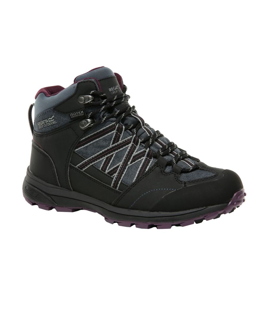 Womens hiking boots made of Isotex waterproof material. Updated last for improved fit and comfort. Seam sealed with internal membrane bootee liner. High performance nylon woven Endurance Mesh and PU upper. Hydropel water resistant technology. Neoprene collar for added comfort. Deep padded neoprene collar and mesh tongue. Rubber toe and abrasion resistant heel bumper. Moulded EVA comfort footbed. Stabilising shank technology. New XLT sole unit for improved traction and self cleaning. 5% Rubber, 30% Polyester, 65% Polyurathane.