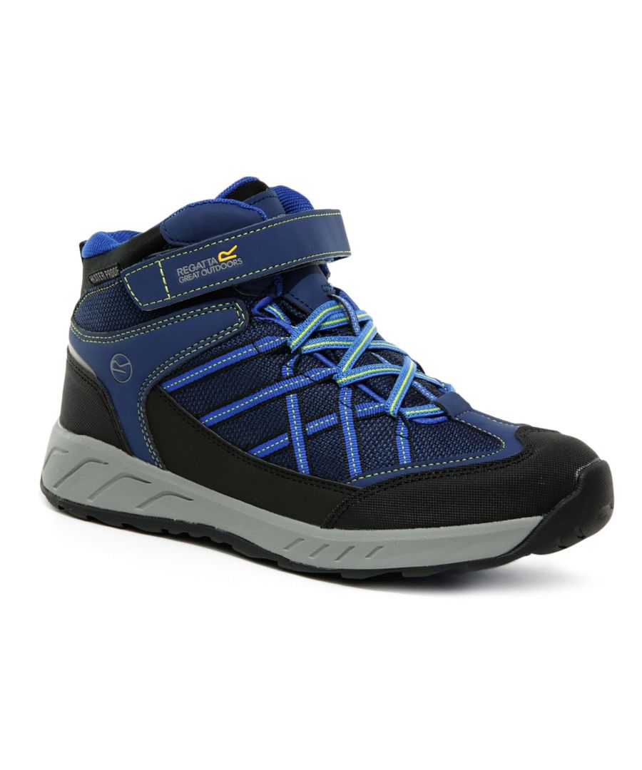 Polyester (40%), Polyurathane (60%). Isotex waterdicht schoeisel, naad afgedicht met interne membraan bootee liner, Hydropel waterbestendige technologie, PU nubuck en ademend mesh bovenmateriaal voor lichtgewicht bescherming. Elastisch vetersysteem, klittenbandsluiting, diep gewatteerde neopreen kraag en mesh-tong. Stabiliserende schachttechnologie voor bescherming van de voet en om vermoeidheid van de voet te verminderen, EVA-tussenzool voor lichtgewicht demping en minder impact op jonge gewrichten. Lichtgewicht slijtvaste rubberen buitenzool met multidirectioneel schoenplaatjespatroon.
