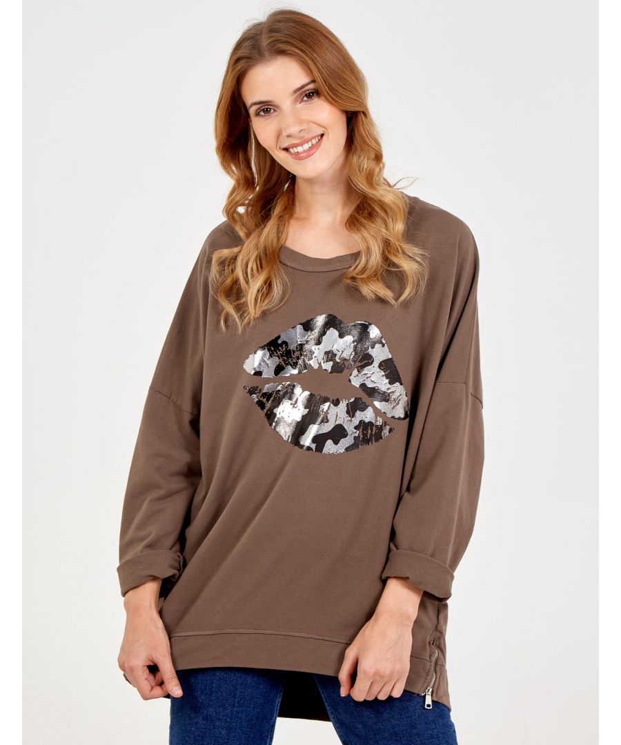 Were lovin' this new lip print jumper in an on-trend with zip detailing. Wear with denim jeans and boots for a casual yet sophisticated look.\nConstruction: 95% Cotton, 5% ElastaneMachine WashableApprox. Length: 74cm