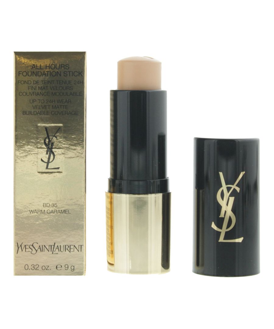 Yves Saint Laurent All Hours Bd35 Warm Caramel Foundation Stick is a medium to full-coverage oil-free stick foundation stick. It helps to cover imperfections, control shine and even skin tone. This light cream -to-powder foundation provides buildable, natural matte coverage.