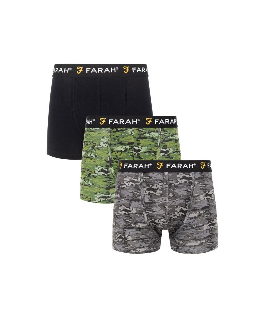 Update your wardrobe essentials with this 3-pack 'Hidden' boxers from Farah. Made from Cotton Blend fabric for breathable and comfortable wear all-day. This set includes one solid colour and two camo designs. Available in other colours.