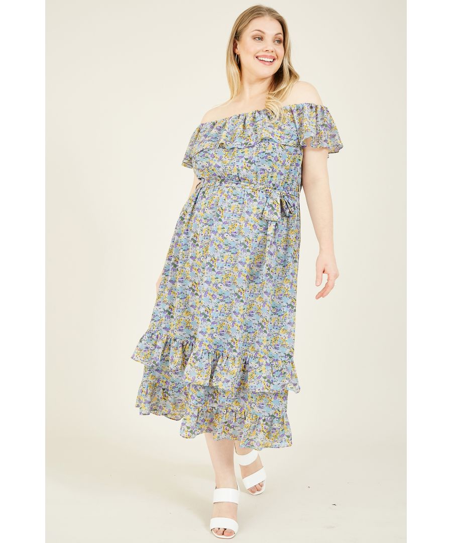 Off shoulder, on trend. Keep it current in this Yumi Plus Size Ditsy Floral Dress. Bohemian blueberry tones and floral prints take centre stage, perfect for layering with dark or off white denims. Featuring a self tying belt, drop peasant skirt and off shoulder cut, style this flattering fit with gladiator sandals.  Shell: 100% Polyester, Lining: 97% Polyester, 3% Elastane Machine Wash At 30 Length is 112.5cm-44.2inches