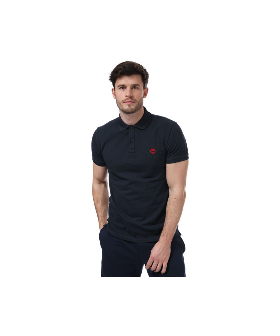 Mens Timberland Millers River Polo Shirt in navy.<BR><BR>- Ribbed polo collar.<BR>- Short sleeves with ribbed cuffs.<BR>- Two button placket.<BR>- Even vented hem.<BR>- Signature Timberland logo embroidered at left chest.<BR>- Contrasting back neck tape.<BR>- Soft and comfortable organic cotton piqué fabric.<BR>- Regular fit.<BR>- 100% Cotton. Machine wash at 30 degrees.<BR>- Ref: A2BNX4331