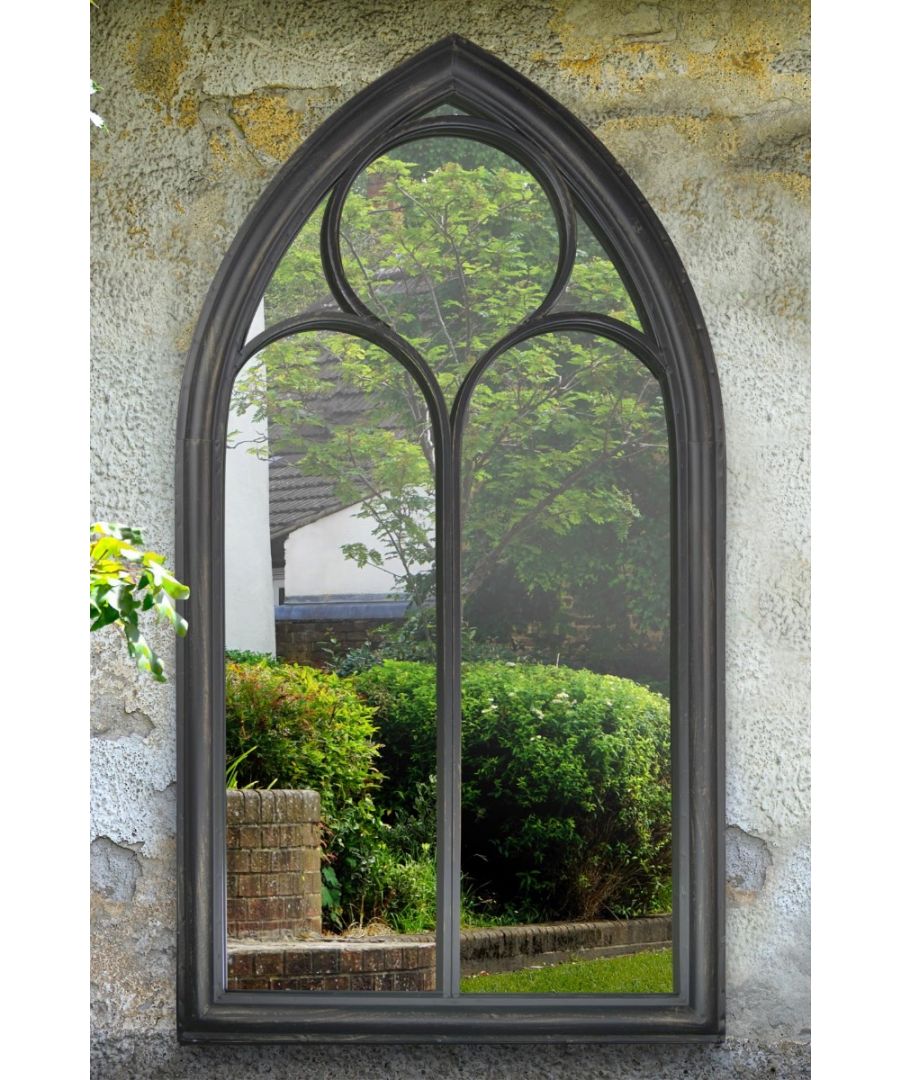 For sale this gorgeous large black coloured rustic chapel window effect garden wall mirror. This item has the classic look of a chapel window. This item is really well made and is frost protected to withstand all weathers.