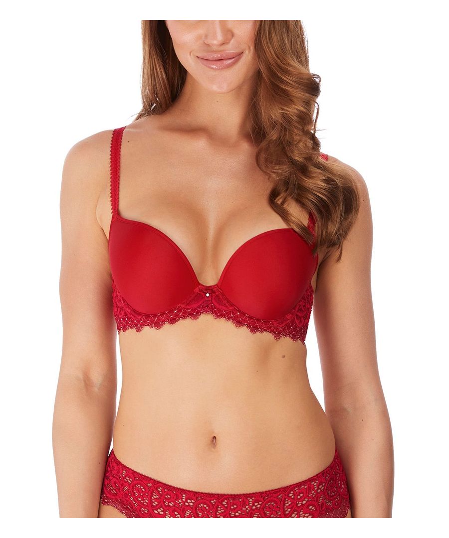Wacoal Lace Essentiel Contour T-Shirt Bra. This T-Shirt bra has smooth contour cups for a natural shape and a plunging neckline with delicate binding that will sit flat against the bust so this bra is perfect for every occasion. The cups are finished with a cute bow and diamante in the centre. The underwire is adorned with stunning, delicate two-tone lace. The strong powermesh wings are sturdy, breathable and light wearing which requires no additional liners. The fully adjustable straps have a cute embroidered design through the centre and looped elastic along the edging. This bra fastens behind with 2 hooks and eyes across 3 rows. This range will make you feel luxurious whatever the occasion.