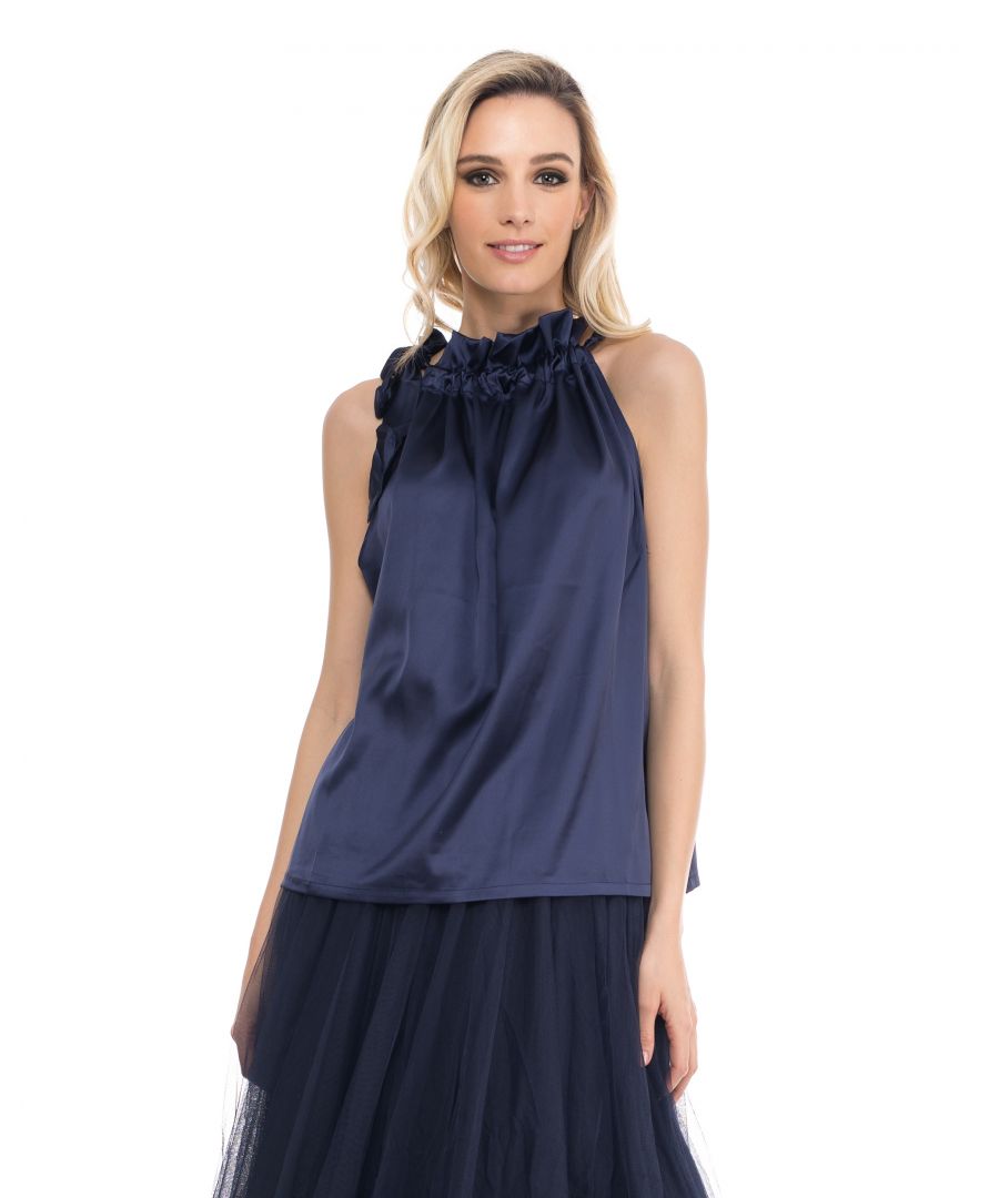 Sleeveless satin top with adjustable neck and bow