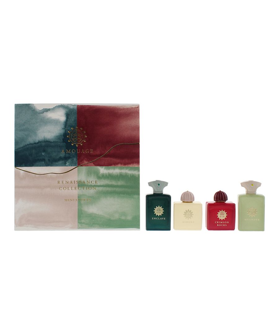 The Amouage Renaissance Collection Miniature Gift Set contains 4 miniature bottles (7.5ml) from Amouage's Renaissance collection, which are a range of unisex fragrances. The fragrances included in the set are Ashore, Crimson Rockes, Enclave and Meander. Ashore is an Amber Floral fragrance with top notes of Pink Pepper, Cardamom and Turmeric; middle notes of Jasmine Sambac, Solar Notes and Rose; and base notes of Ambergris, Sandalwood and Olibanum, which combine for a lovely warm weather scent. Crimson Rocks is an amber floral fragrance which opens with top notes of Cinnamon and Pink Pepper; has middle notes of Honey and Rose; and base notes of Oak, Atlas Cedar and Vetiver, which make for a wonderful colder weather scent. Enclave is an amber fougere, containing with top notes of Spicy Mint, Cardamom, Cinnamon and Pink Pepper; middle notes of Olibanum, Patchouli, Vetiver and Rose; and base notes of Amber Xtreme, Leather and Labdanum, with the notes making for an excellent and unique year round fragrance. Meander is an Amber Fougere with top notes of Olibanum, Carrot Seeds, Pink Pepper and Black Pepper; middle notes of Orris, Cypriol Oil, Narcissus and Rose; and base notes of Sandalwood, Olibanum and Vetiver.