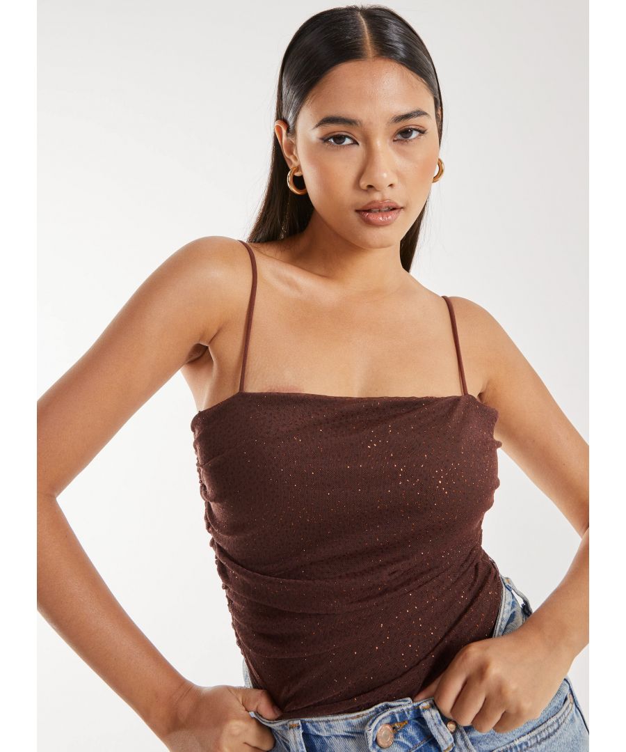 Pink Vanilla Womens Strappy Sparkle Mesh Bodysuit - Chocolate - Size 10 UK
