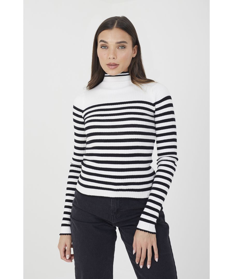 Brave Soul Womens Ivory 'Bardi' Stripe Rib Turtleneck Jumper Viscose - Size Medium