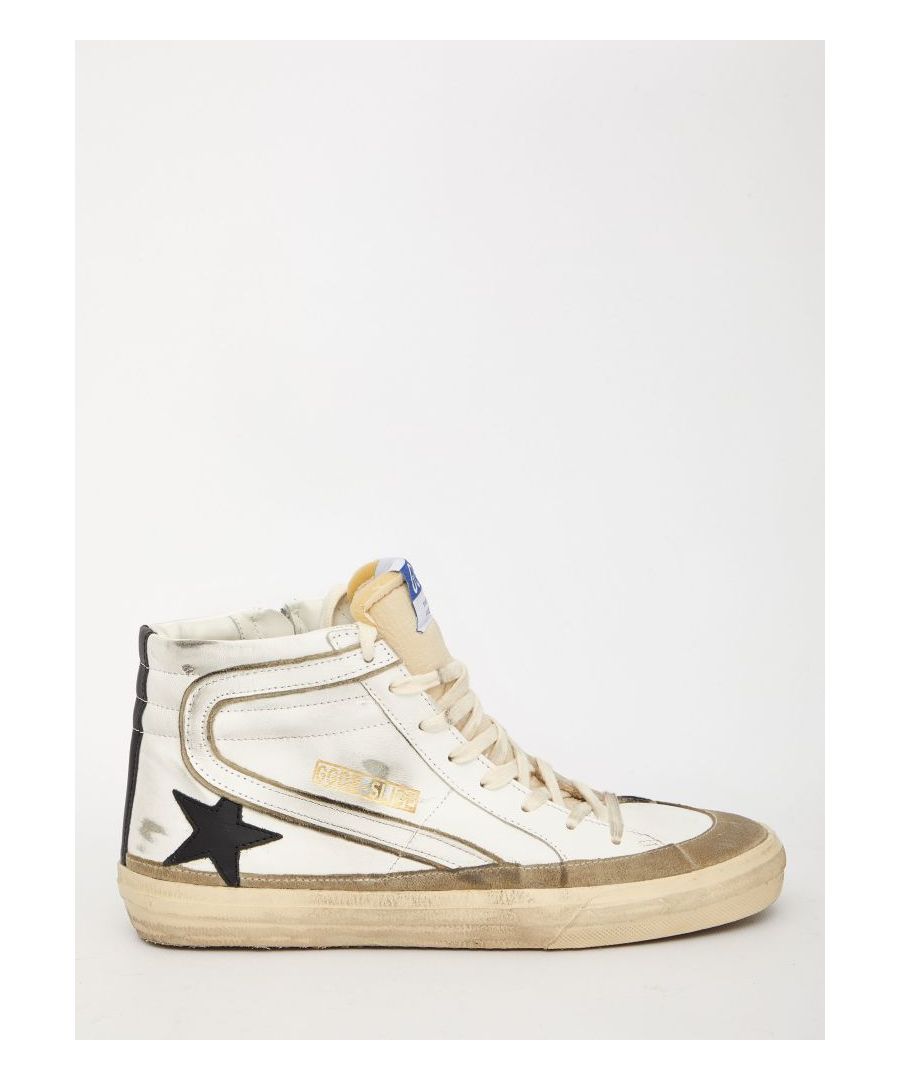 Slide Edge Around sneakers in white leather with black leather side star and heel detail and suede details. They feature lace-up closure, side zip, GGDB-SLIDE logo printed on the side, round toe and vintage effect.