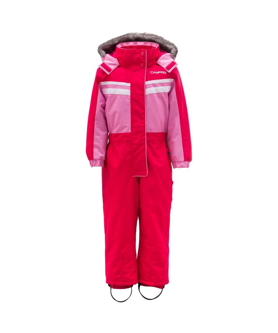 This Campri Ski Suit is crafted with long sleeves and a full zip with touch close and press stud fastening, leading to an elasticated waistband. The ski suit features elasticated cuffs and detachable rubber foot straps. This suit is a block colour design with coloured panels with printed branding to the chest, making it the perfect addition to your child's winter collection.