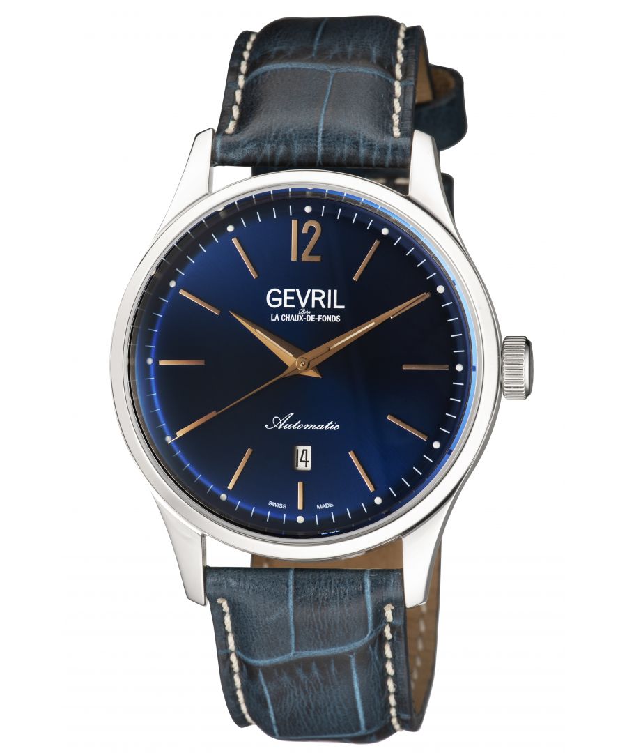Gevril Five Points - Automatic\nTimepieces inspired by the City That Never Sleeps.\n\nDesigned with the ever-evolving yet iconic architectural landscape of New York in mind, The Five Points Collection by Gevril redefines heritage style with sleek detailing and Swiss-made, automatic movement. Superior form meets ultimate function as each timepiece is water resistant up to 50 meters, and boasts a stainless steel polished bezel with a push pull crown. Sapphire domed, anti-glare crystal protects a striking dial, equipped with a calendar window and luminous external dots and hands. Track every tick with an exhibition case-back that features a visible rotor. The distinct bracelets and leather straps are available in a series of classic colorways, sure to complement any palette.\nSpecifications\nGevril 48702A Men's Five Points Swiss Automatic Watch\n\nGevril Men's Swiss Automatic from the Five Points Collection\n40mm Round 316L Stainless Steel Case, White Dial with Exhibition Case Back Window\nDate at 3H, Yellow Gold Indices applied on dial, luminous hands\nCase back 4 screws, Push Pull Crown, Polished Bezel, Brushed Case\nGenuine Olive Green Italian Leather Strap with Tang Buckle\nAnti-reflective Sapphire Crystal\nWater Resistant to 50 Meters/5ATM\nSwiss Made Automatic, Sellita SW200 Movement