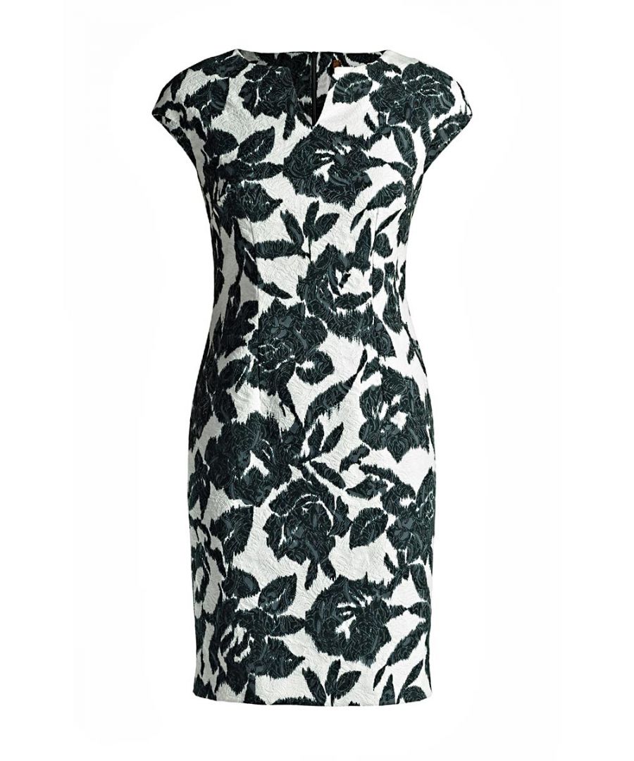 Floral Sleeveless Dress\nDress CONQUISTA in stretch brocade fabric with a floral print in dark grey. Sleeveless with a V neckline. Concealed zip fastening in the back and seams in the front for a perfect fit. Dark grey stretch polyester lining. Body length, for size 36/S, 94cm. Can be lengthened by an extra hem of 4.5cm.
