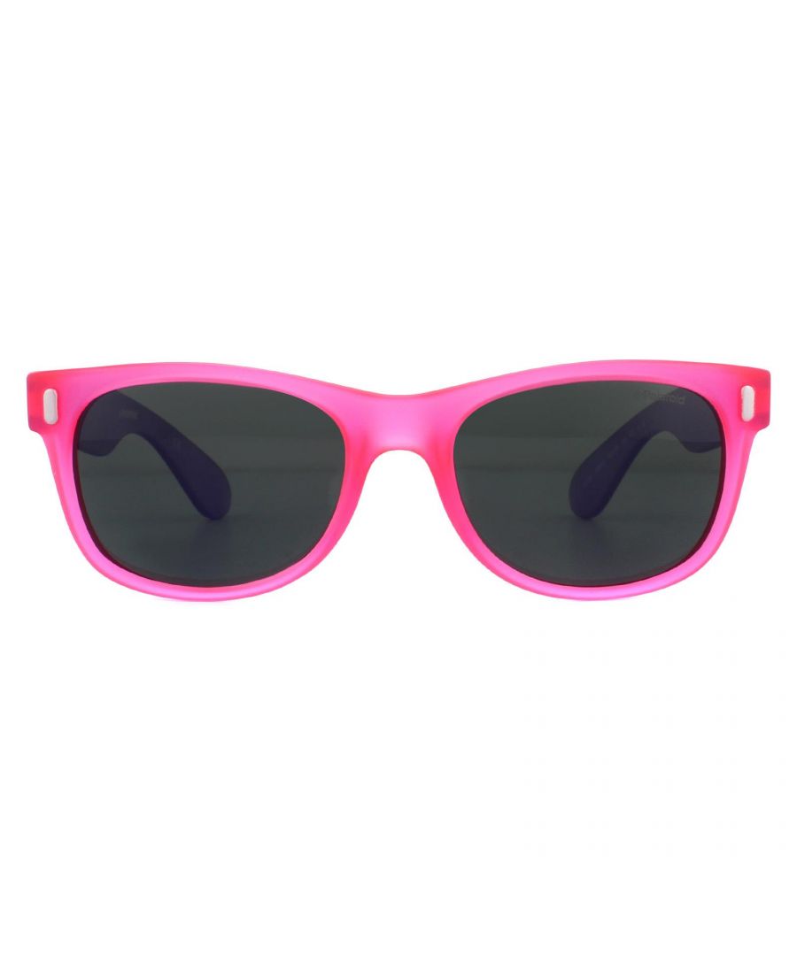 Polaroid Kids Sunglasses P0115 IUB Y2 Violet Pink Grey Polarized are a classic wayfarer style sized for kids in some bright funky colours with 100% UV protection and the Polarized lenses removing glare and protecting your child's eyes even more.