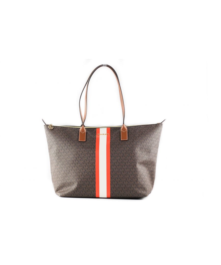 Image for Michael Kors Travel Large Leather Stripe Top Zip Tote Handbag Shoulder Bag (Tangerine Multi)