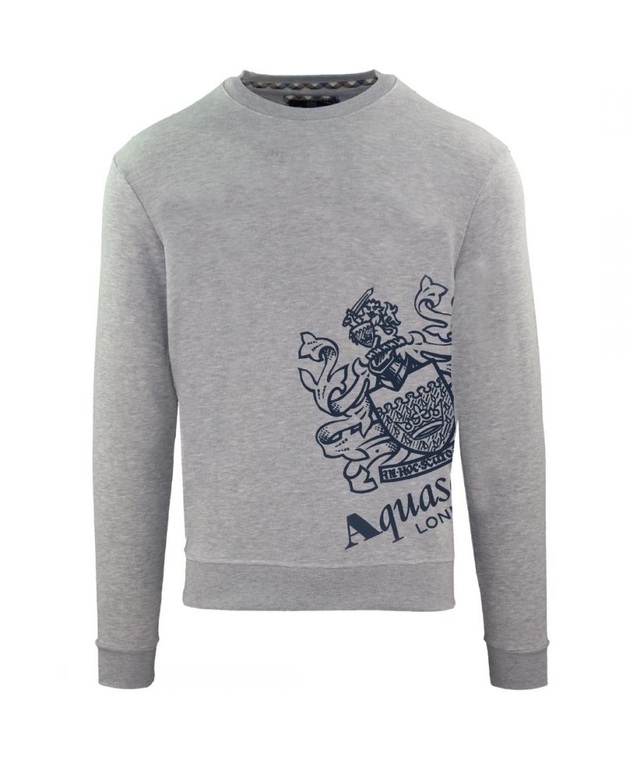 Aquascutum Aldis Side Logo Grey Jumper. 100% Cotton. Elasticated Hem and Sleeve Endings. Regular Fit, Fits True To Size. FGIA27 94