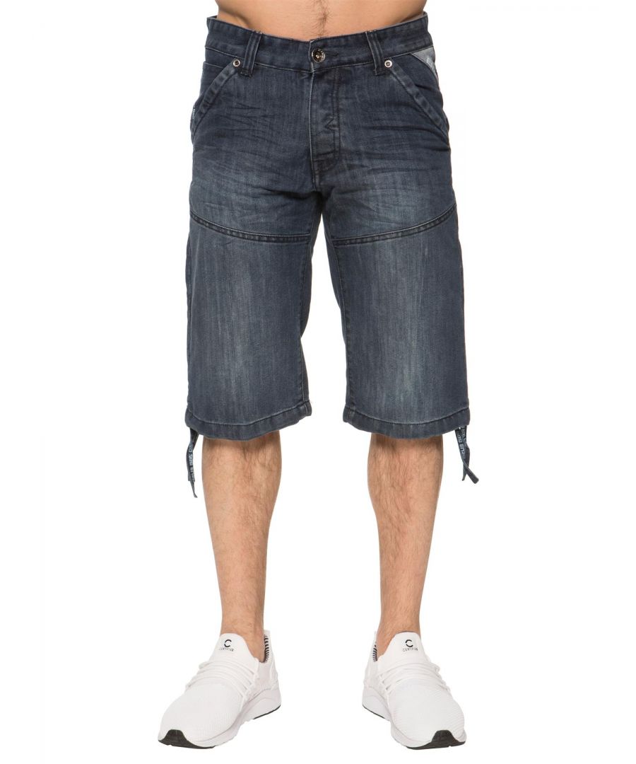 Enzo Mens Designer Knee Length Denim Shorts In Stone, 2 Front Pockets, 2 Back Pockets, Button fly fastening, 65% Cotton, 35% Polyester, Machine washable, Ideal for Casual Occasions.