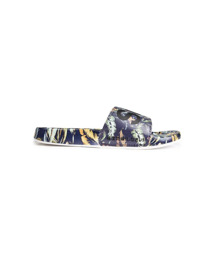 Mens blue Superdry printed beach slide sandals, manufactured with synthetic and a rubber & synthetic sole. Featuring: branding on strap, allover print and comfort sole.
