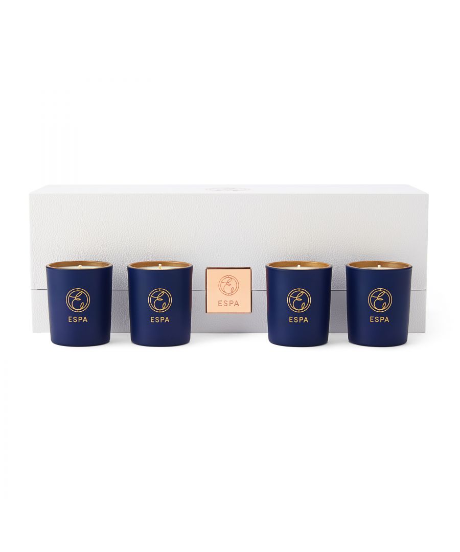 Journey through ESPA's Wellness Candle Collection for sensorial harmony. \n\nThis collection holds the power of four of ESPA’s Signature Blends wonders, each designed to envelop your mind, body and spirit. These four candles balance the senses with a bouquet of luxurious aromatics expertly crafted to complement your mood. \n\nEach candle is hand-poured and made from 100% natural wax, crafted from nature's finest botanics. Housed in a convenient 70g votive size, and in a limited-edition Midnight Blue colourway. \n\nThe perfect Christmas Candle Gift Set. \n\nLight each sapphire of scent this Christmas for wellbeing bliss and comfort. \n\nThis Gift Contains: \nSoothing Votive Candle – 70g \nRestorative Votive Candle - 70g \nEnergising Votive Candle - 70g \nPositivity Votive Candle - 70g \n\nKey Features: \nCrafted from pure Essential Oils \n100 percent Soy Wax \nHand poured \nLimited edition midnight blue votives \nPortable petite 70g size