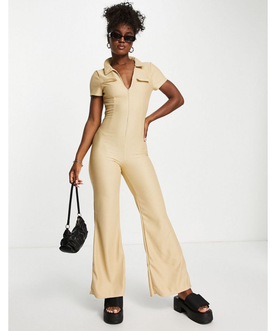 Jumpsuit by ASOS DESIGN Go all-in-one Spread collar Zip fastening Pocket details Flared leg Bodycon fit  Sold By: Asos