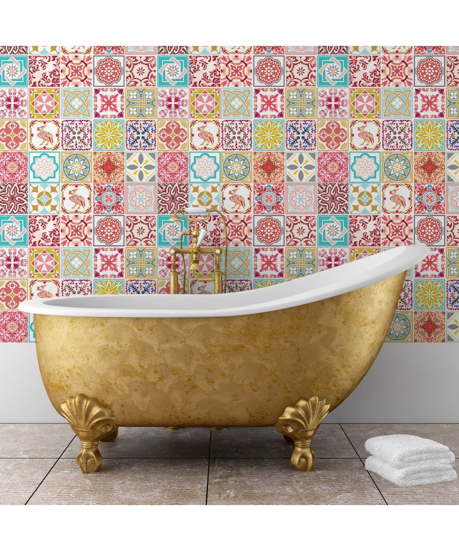 - Looking to make a statement? These beautiful Moroccan inspired patterns with a bright palette are great for adding some refresh and interest to any room with one easy touch.\n- A mix of decorative patterns, geometric designs and efflorescent motifs is perfect for your wall, drawers, staircase, furniture, cabinet, ceiling, door, appliances & many more flat surfaces.\n- Walplus high-quality self-adhesive stickers are quick to apply. Simply peel and stick to any smooth on the even surface.\n- Transcend the boring, and light up the room with this finely crafted adhesive decor!\n- Package Contains: 48 pieces of stickers 15 x 15 cm - Coverage area: 1.08 square meters. Material: PVC. Please attach to the painted surface at least three weeks after painting.