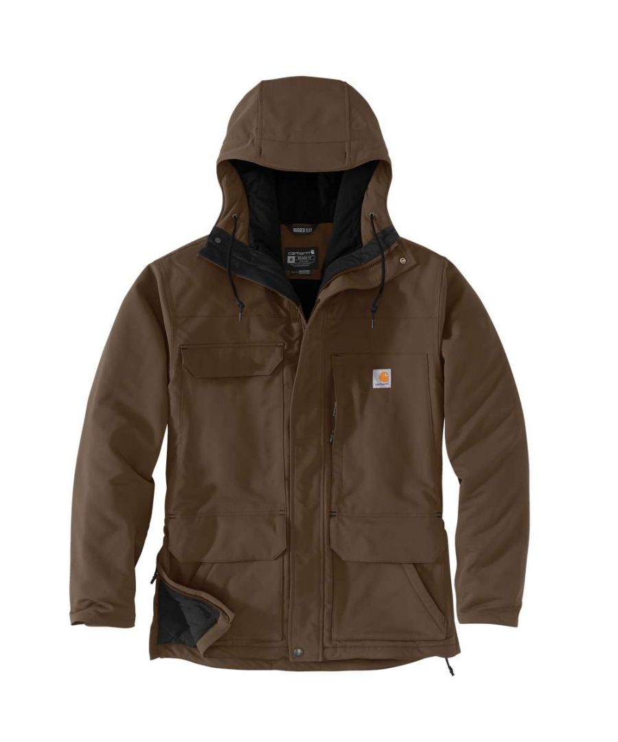 *Sizing Note* Carhartt are more generously sized, you may need to consider dropping down a size from your traditional workwear clothing. Relaxed fit. 8.4 oz/yd2 - 285 gsm. 97% Nylon/3% Elastane. Tech Canvas DWR. Inner Lining: 100% Polyester. Quilted Stretch Taffeta. Insulation: 100% Polyester. 3M Thinsulate. Rain Defender - Durable Water repellent finish. Rugged Flex - Eases movement. Wind Fighter - Tames the wind. Triple stitched main seams. Attached three-piece hood, with quilt lining and chin guard. Two chest pockets, right chest pocket with flap and hook-and-look closure, left chest pocket with zipper closure. Drop tail hem. Two lower front pockets, with snap closure and side entry hand warmers. Inner sleeve rib knit storm cuffs. Interior pocket on wearer's left side, with hook-and-look closure. Full-length front zipper with interior and exterior storm flaps with snap closure.