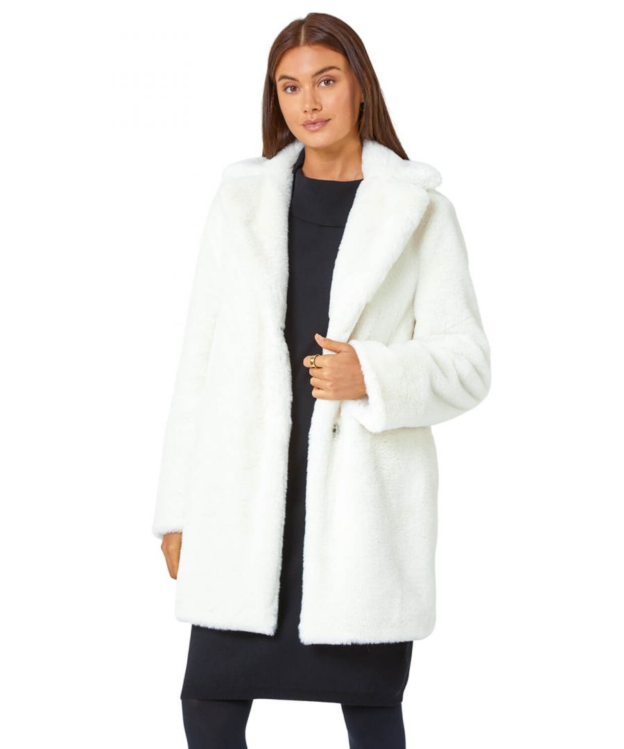Roman Womens Faux Fur Longline Coat - Ivory - Size 14 UK